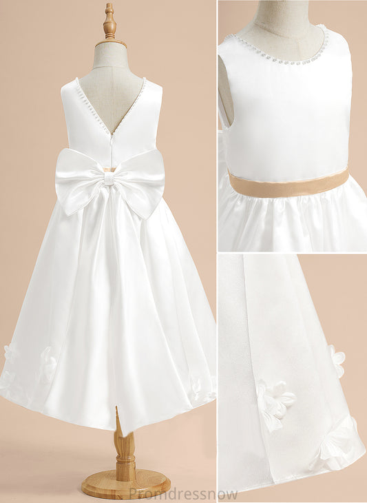 With Sash/Beading/Flower(s)/Bow(s) Flower Girl Dresses Scoop Girl A-Line Dress Flower Tea-length Sleeveless - Neck Satin Natalya