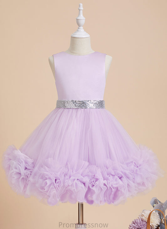 Flower Girl Dresses Ball-Gown/Princess Satin/Tulle Flower(s)/Sequins Neck Dress Flower - Sleeveless Scoop Knee-length With Girl Selina