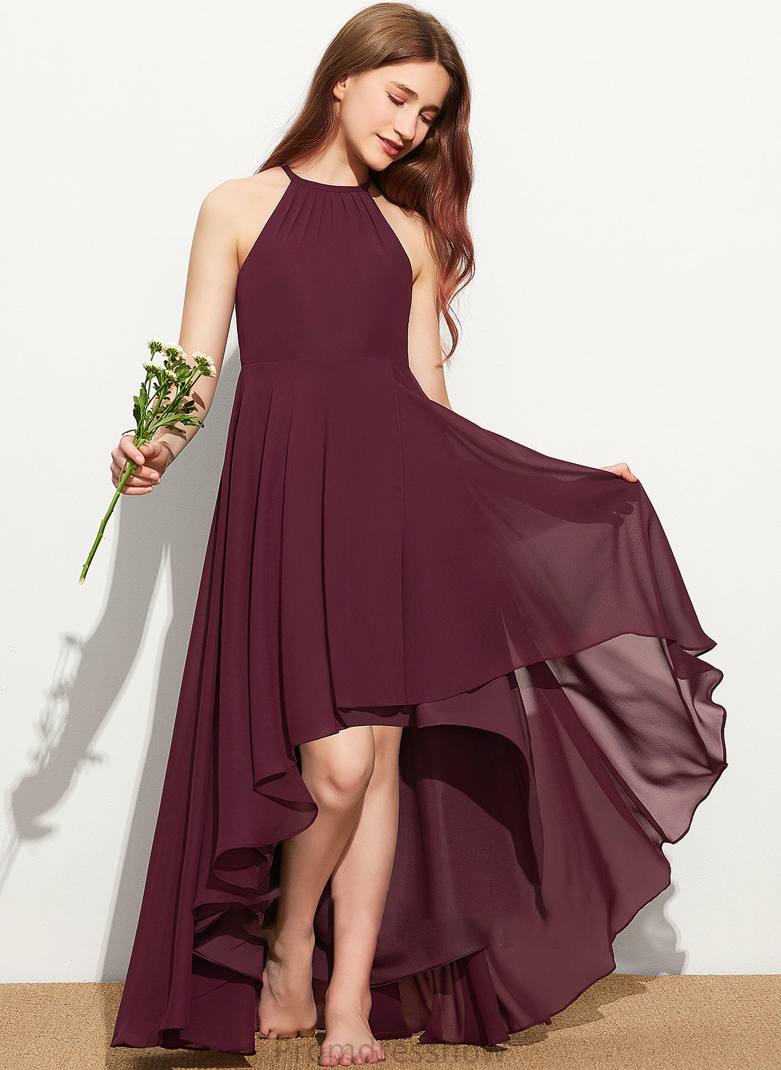 A-Line Ruffle Junior Bridesmaid Dresses Asymmetrical With Cameron Scoop Chiffon Neck