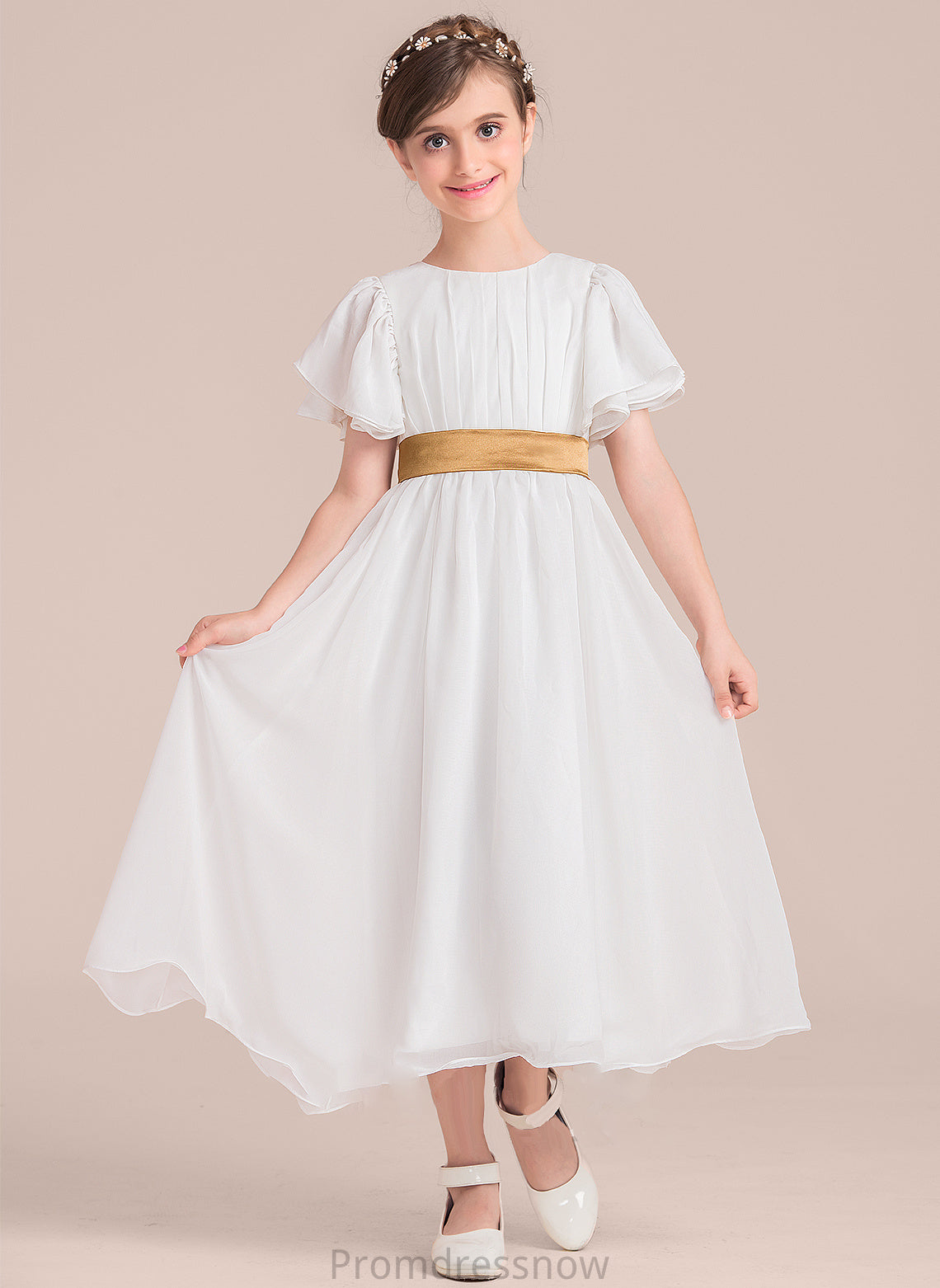 With Chiffon Sash Tea-Length Neck Junior Bridesmaid Dresses Scoop Ruffle Alena A-Line