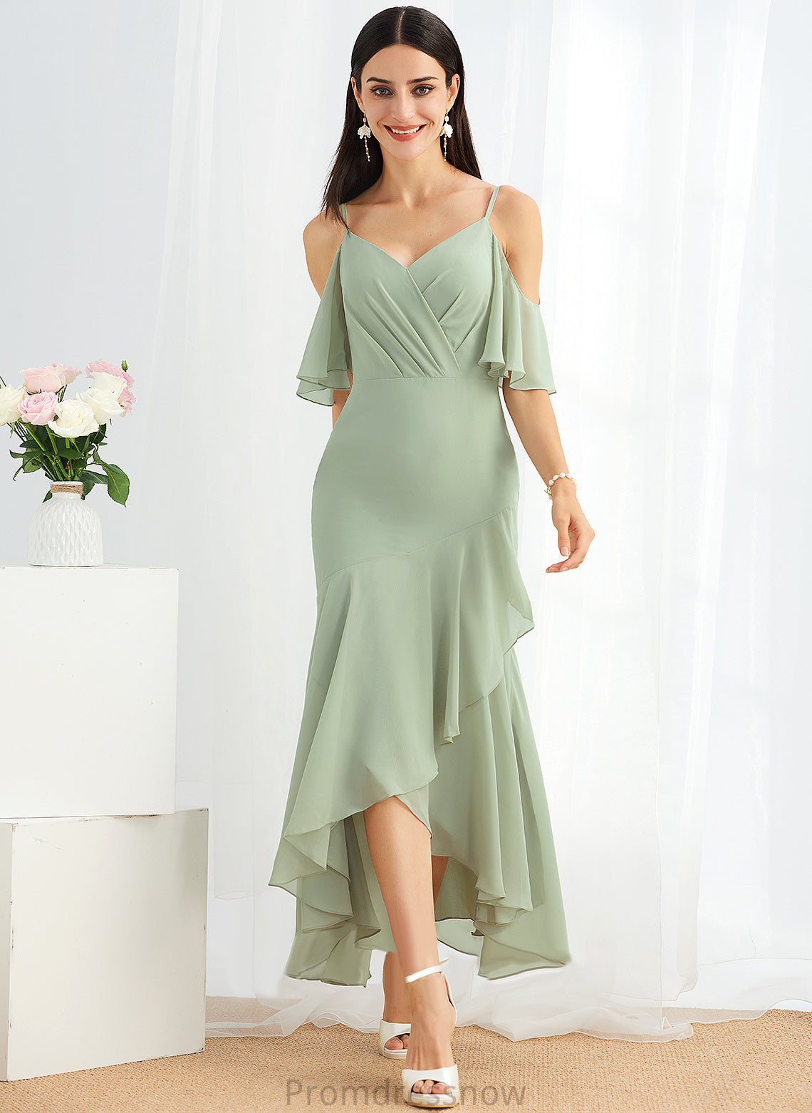 With Trumpet/Mermaid Asymmetrical Chiffon Cocktail Jimena V-neck Cocktail Dresses Ruffle Dress