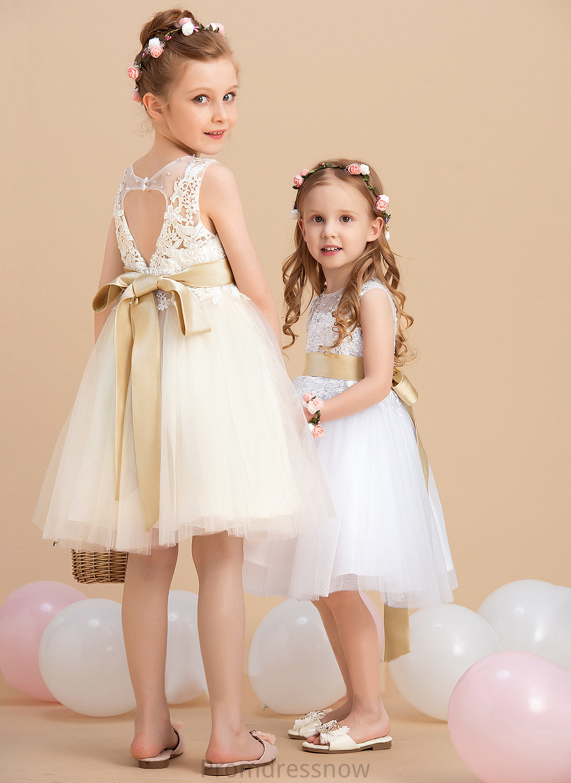 A-Line With Dress Knee-length Anastasia Sleeveless Sash/Beading/Back Flower Neck sash) (Detachable Scoop - Girl Flower Girl Dresses Tulle/Lace Hole