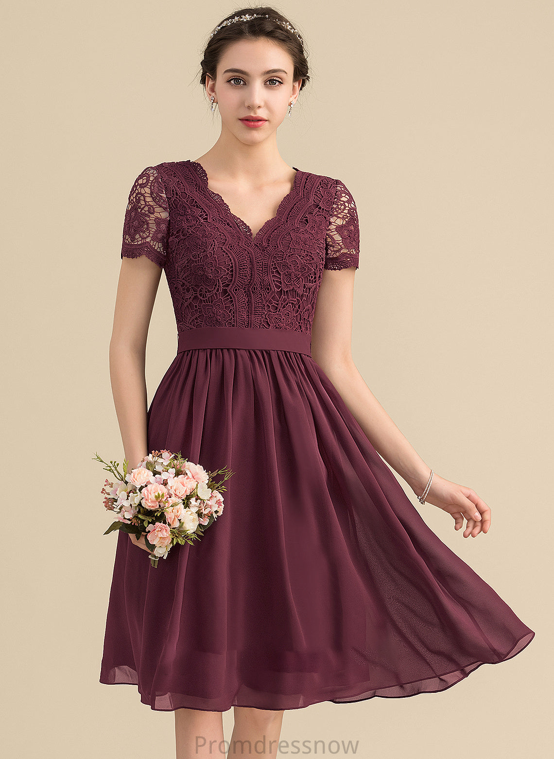 Length Straps Fabric Neckline Silhouette Lace V-neck A-Line Knee-Length Angela Natural Waist Floor Length Bridesmaid Dresses