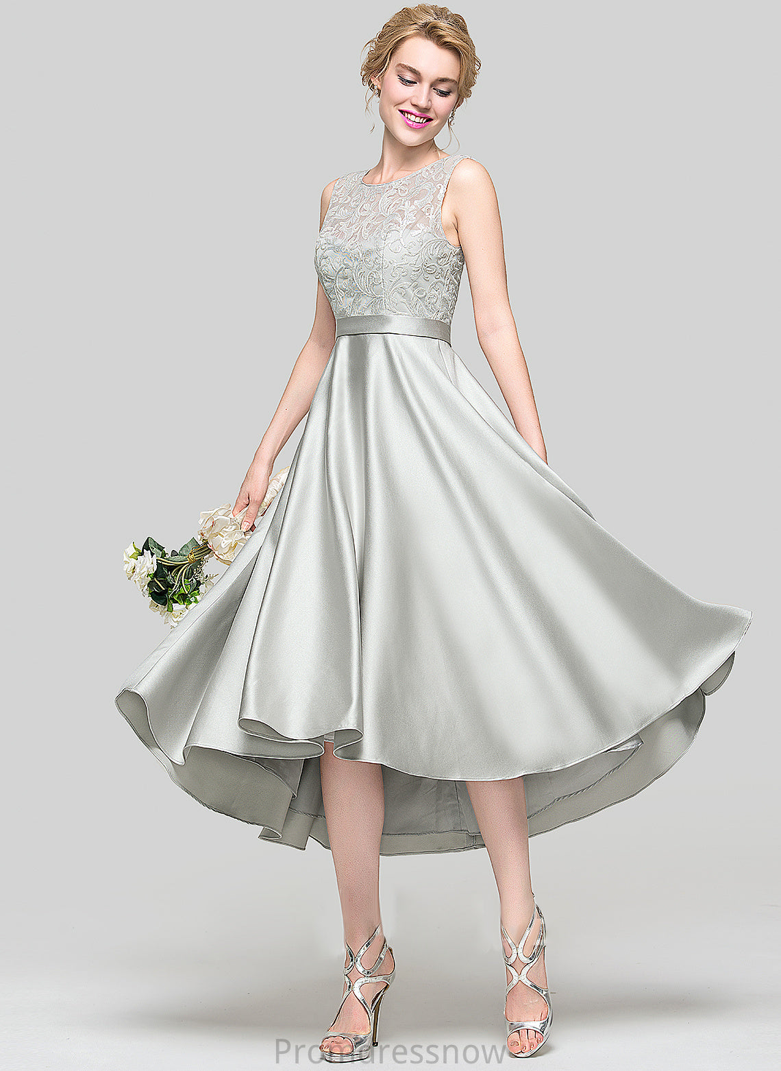 Fabric Satin Straps Asymmetrical Lace Silhouette ScoopNeck Neckline Length A-Line Judith Sleeveless Bridesmaid Dresses