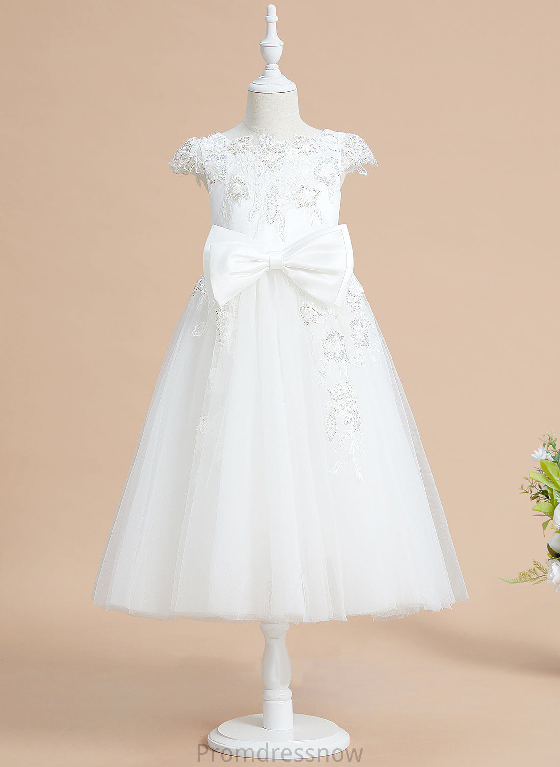 Sequins/Bow(s) Neck - Tulle/Lace Tea-length Girl Flower Girl Dresses Short A-Line Flower Scoop Dress Leah With Sleeves