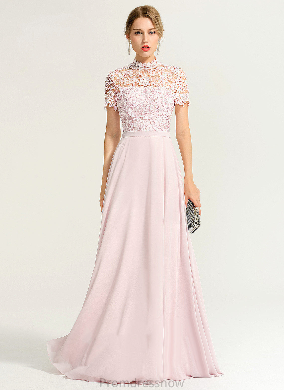 With Neck Floor-Length Sequins Chiffon A-Line Lace Tara Prom Dresses High