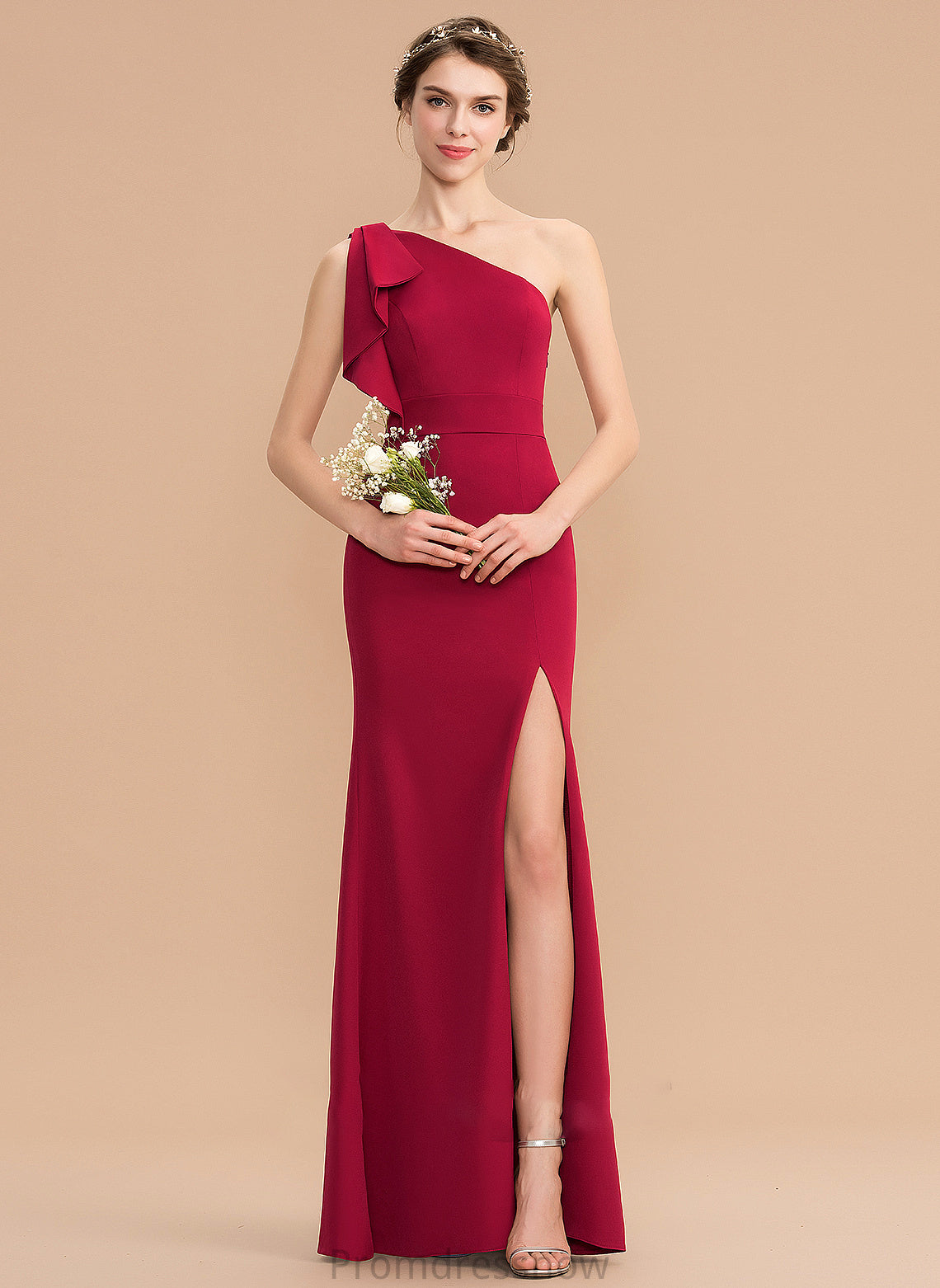 SplitFront Embellishment Silhouette One-Shoulder Fabric Neckline Length Floor-Length Sheath/Column Laurel Sleeveless Natural Waist Bridesmaid Dresses