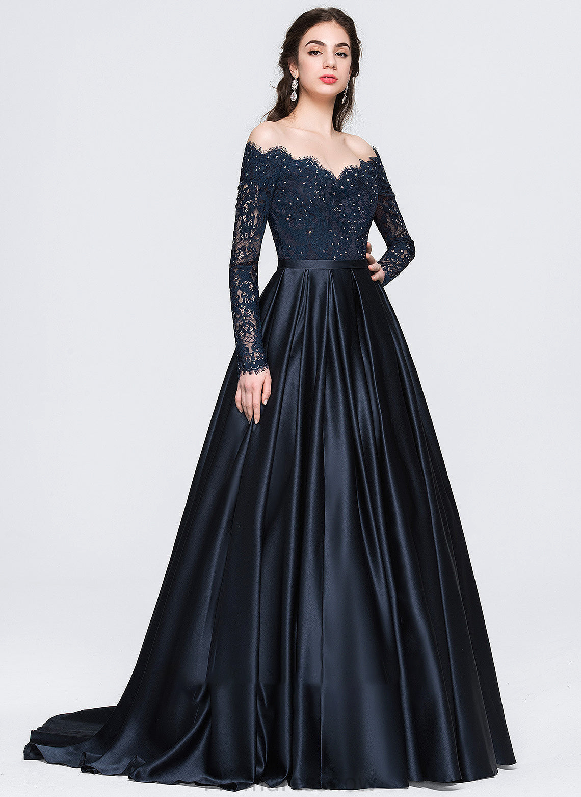 With Train Ball-Gown/Princess Beading Off-the-Shoulder Danika Prom Dresses Sweep Satin