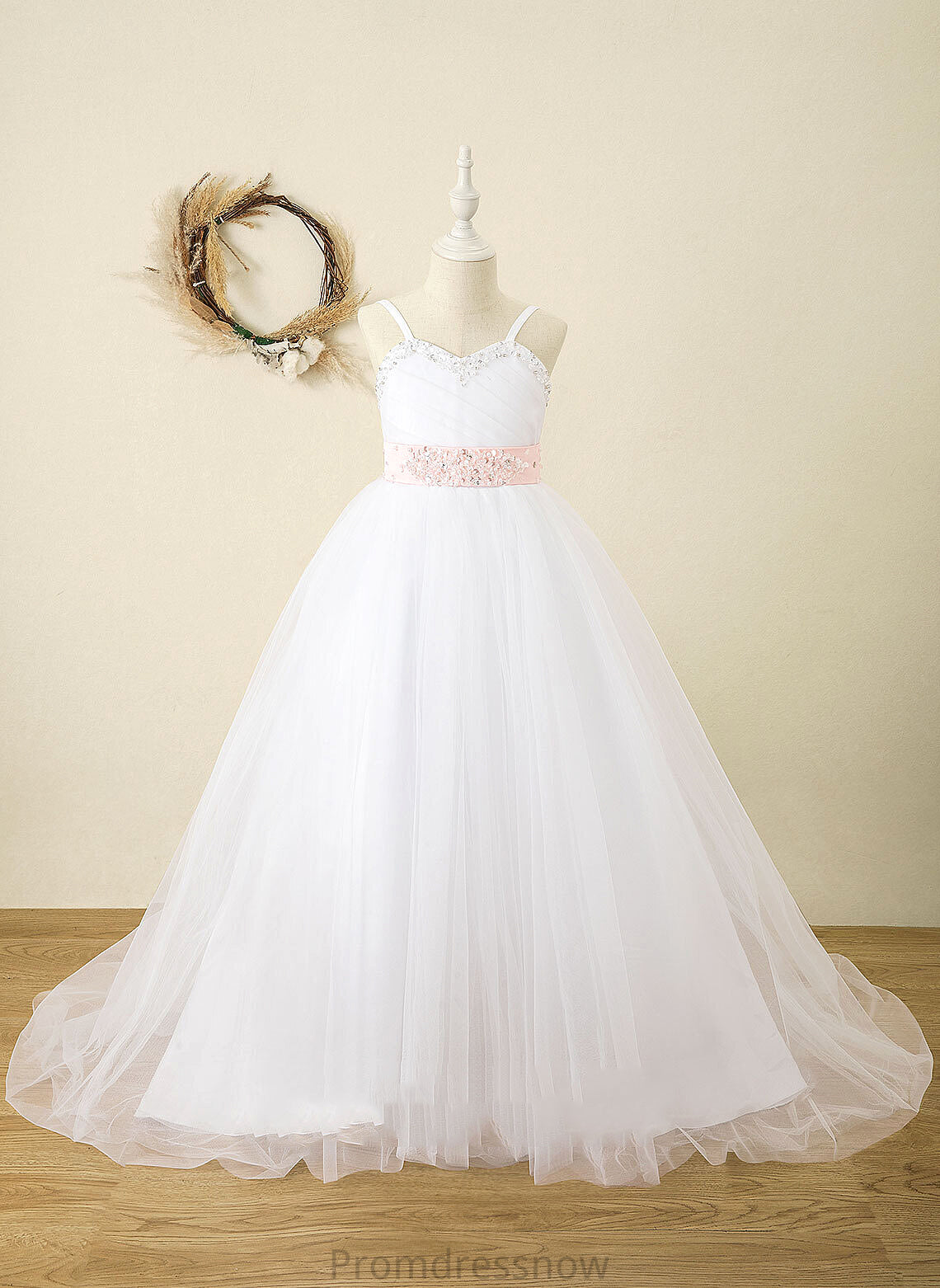 Flower Ball-Gown/Princess (Detachable Flower Girl Dresses - Satin Girl Sash/Rhinestone Floor-length Straps Dress Sleeveless sash) With Kay