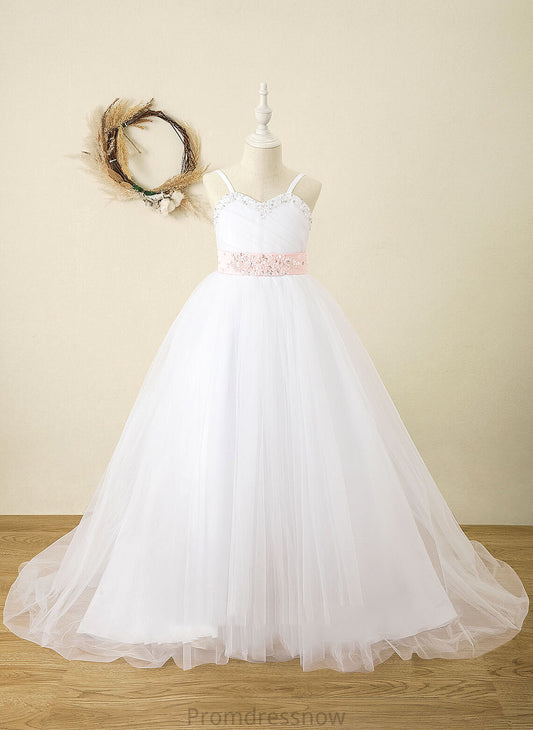 Flower Ball-Gown/Princess (Detachable Flower Girl Dresses - Satin Girl Sash/Rhinestone Floor-length Straps Dress Sleeveless sash) With Kay