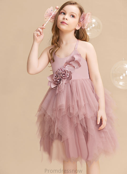 Feather/Flower(s) Scalloped Flower Girl Dresses Neck Dress Girl Tulle Ball-Gown/Princess Kate Sleeveless With Flower Knee-length -