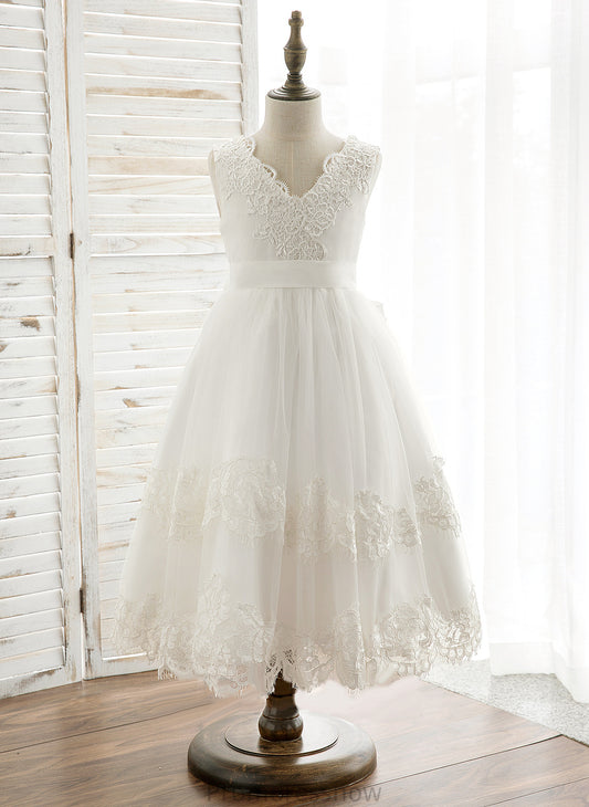 - With Bow(s)/V Flower Girl Dresses Michelle Tea-length Dress A-Line Sleeveless Back V-neck Tulle/Lace Flower Girl