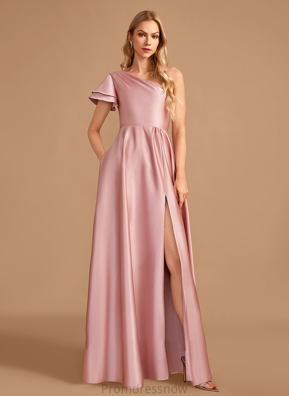 SplitFront A-Line One-Shoulder Fabric Length Neckline Embellishment Silhouette Floor-Length Amirah Sleeveless Natural Waist Bridesmaid Dresses