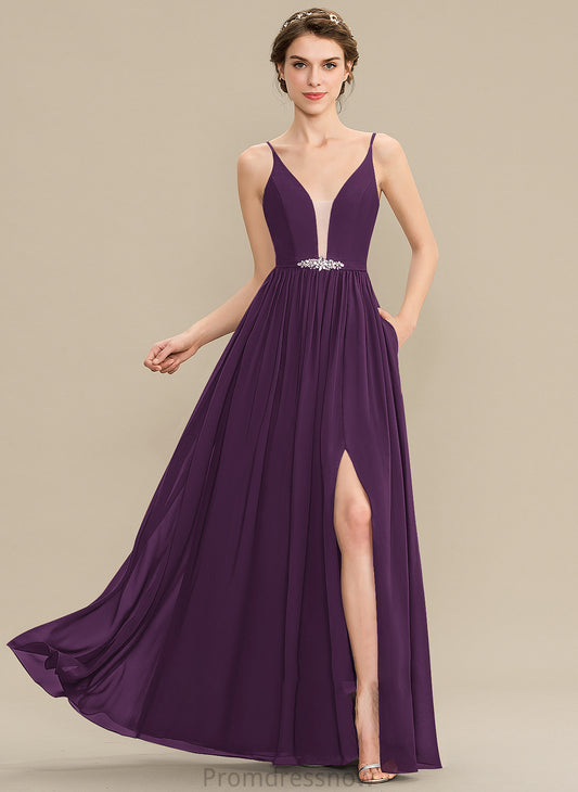 SplitFront Neckline Floor-Length Pockets Silhouette Sequins Beading Fabric Length V-neck Embellishment A-Line Bridesmaid Dresses