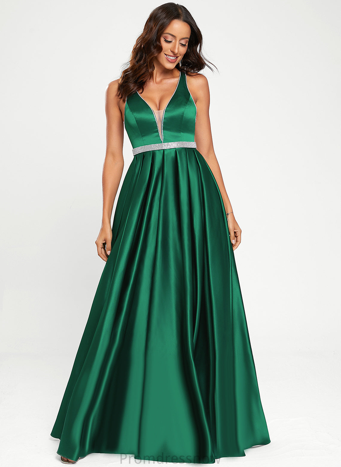 With Beading A-Line Floor-Length Prom Dresses V-neck Jazmin Satin