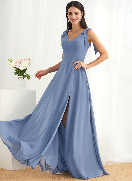 Neckline Fabric A-Line Floor-Length Bow(s) V-neck Length Silhouette SplitFront Embellishment Trudie Scoop Bridesmaid Dresses