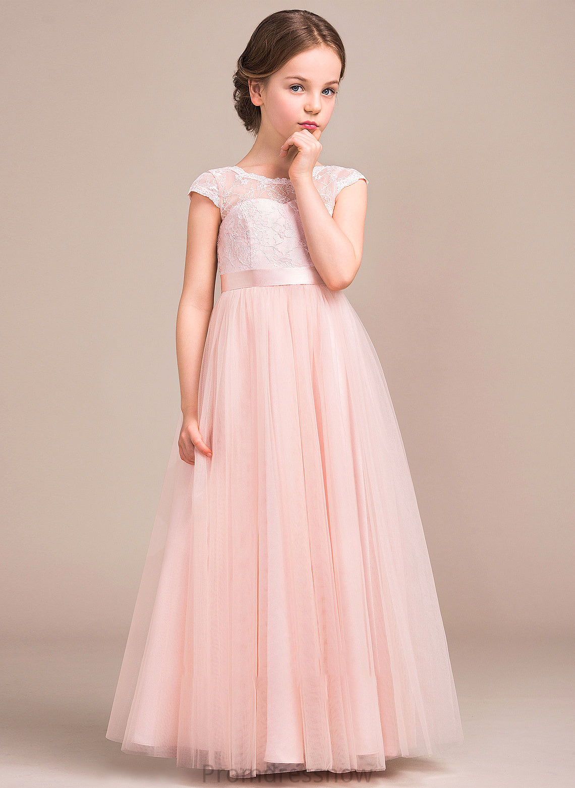 With Scoop Bow(s) A-Line Tulle Parker Floor-Length Lace Neck Junior Bridesmaid Dresses