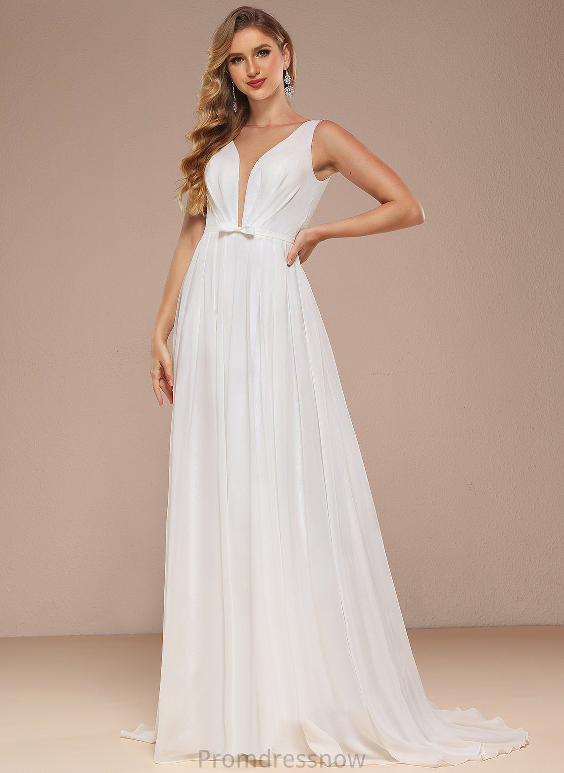 With Bow(s) Dress Sweep A-Line Wedding Dresses Chiffon Lena Wedding Train V-neck