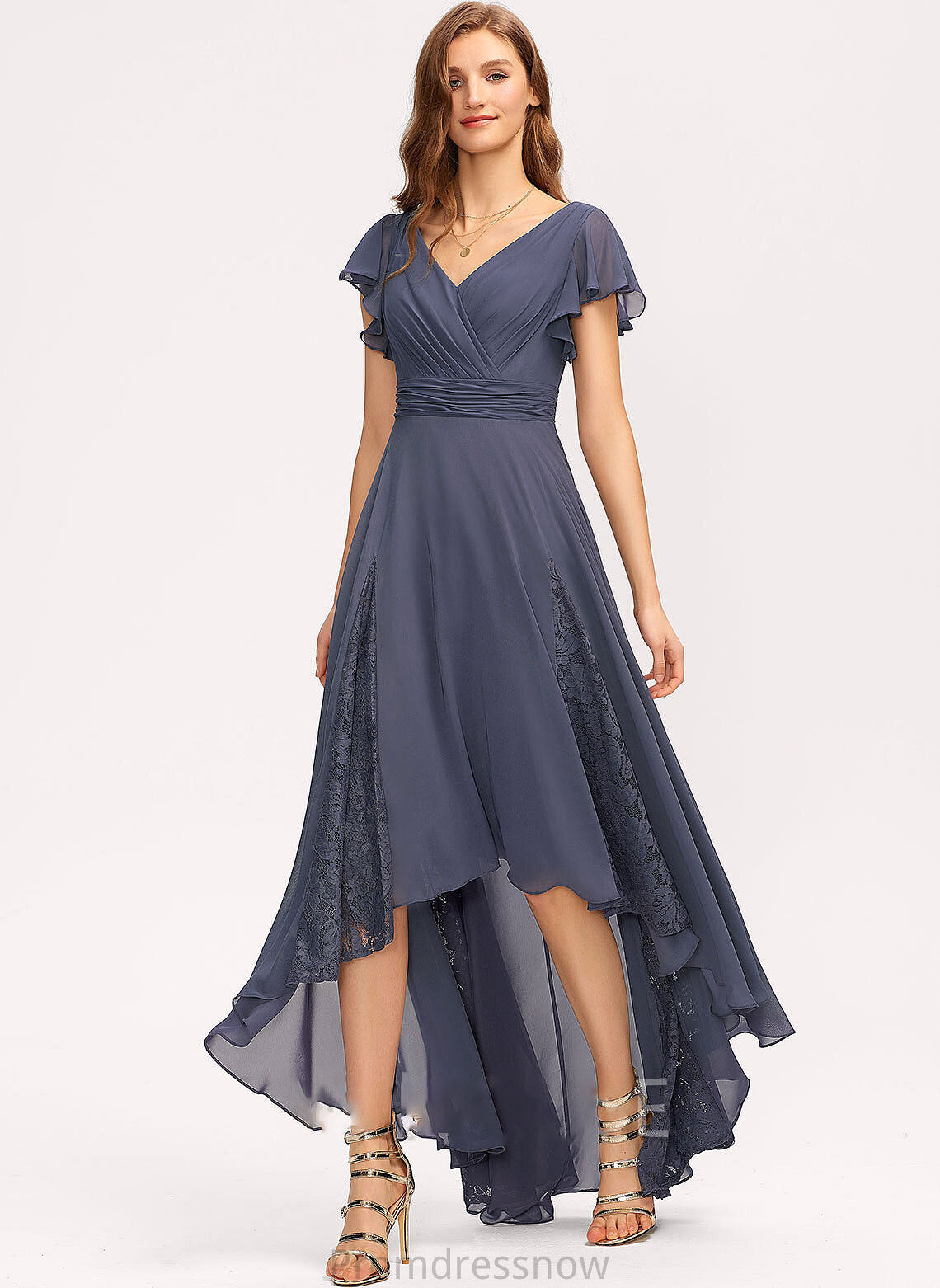 Silhouette Ruffle Fabric A-Line Length Asymmetrical Embellishment V-neck Lace Neckline Lilliana Scoop Bridesmaid Dresses