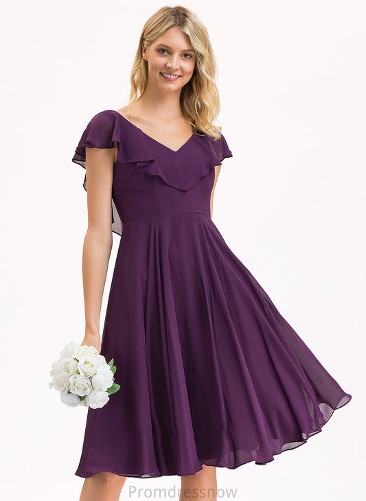 A-Line CascadingRuffles Embellishment Fabric Knee-Length Silhouette V-neck Length Neckline Hailee Sleeveless A-Line/Princess Bridesmaid Dresses