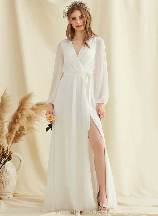 With Chiffon Front Split Wedding Floor-Length A-Line Dress Jamiya Wedding Dresses V-neck