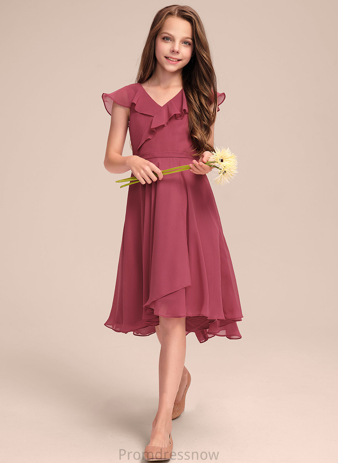 Ashleigh Asymmetrical Junior Bridesmaid Dresses V-neck A-Line With Chiffon Cascading Ruffles