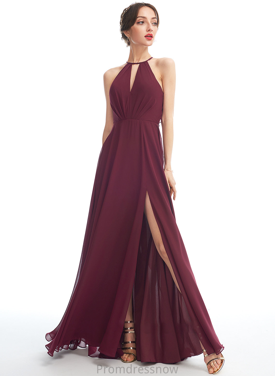 SplitFront Embellishment Length A-Line Halter Floor-Length Neckline Fabric Silhouette Jaslyn Spaghetti Staps Sleeveless Bridesmaid Dresses