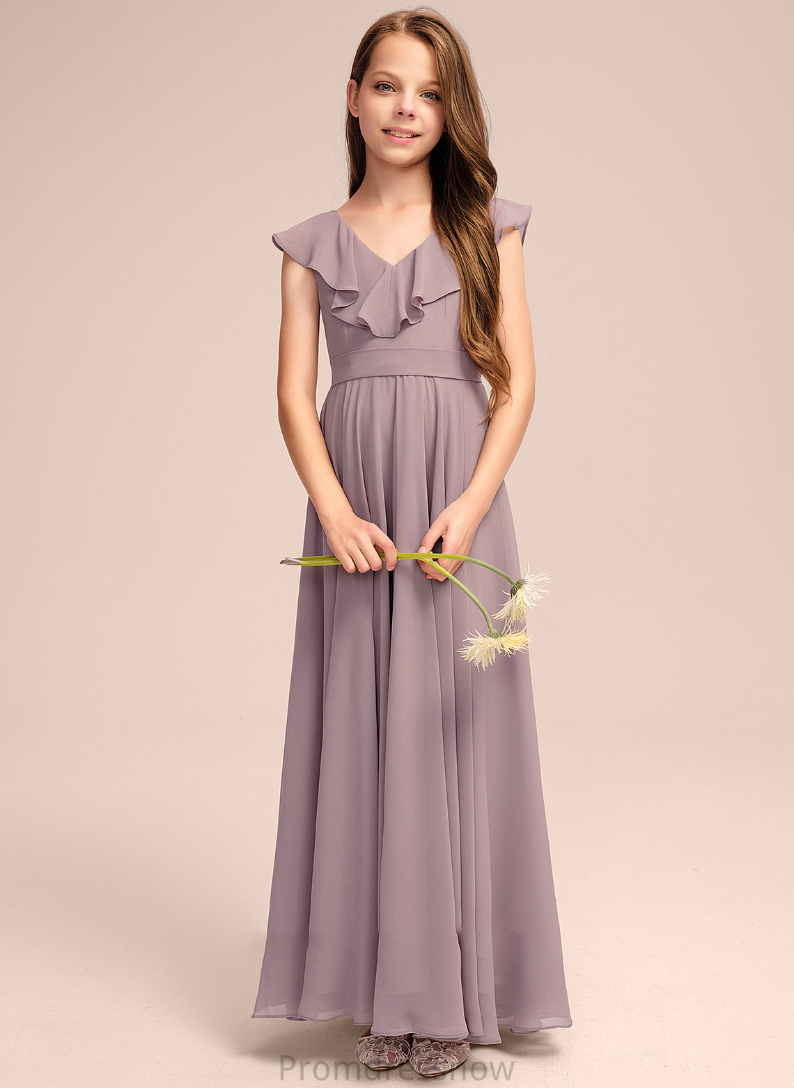 With Chiffon Floor-Length A-Line Ruffles Cascading Junior Bridesmaid Dresses Thalia V-neck