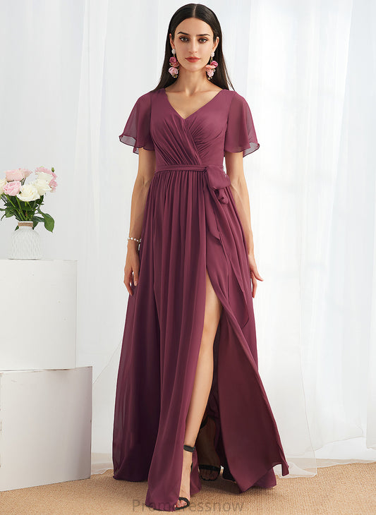 Length SplitFront Neckline V-neck Fabric Floor-Length Embellishment A-Line Silhouette Miriam Sleeveless A-Line/Princess Bridesmaid Dresses