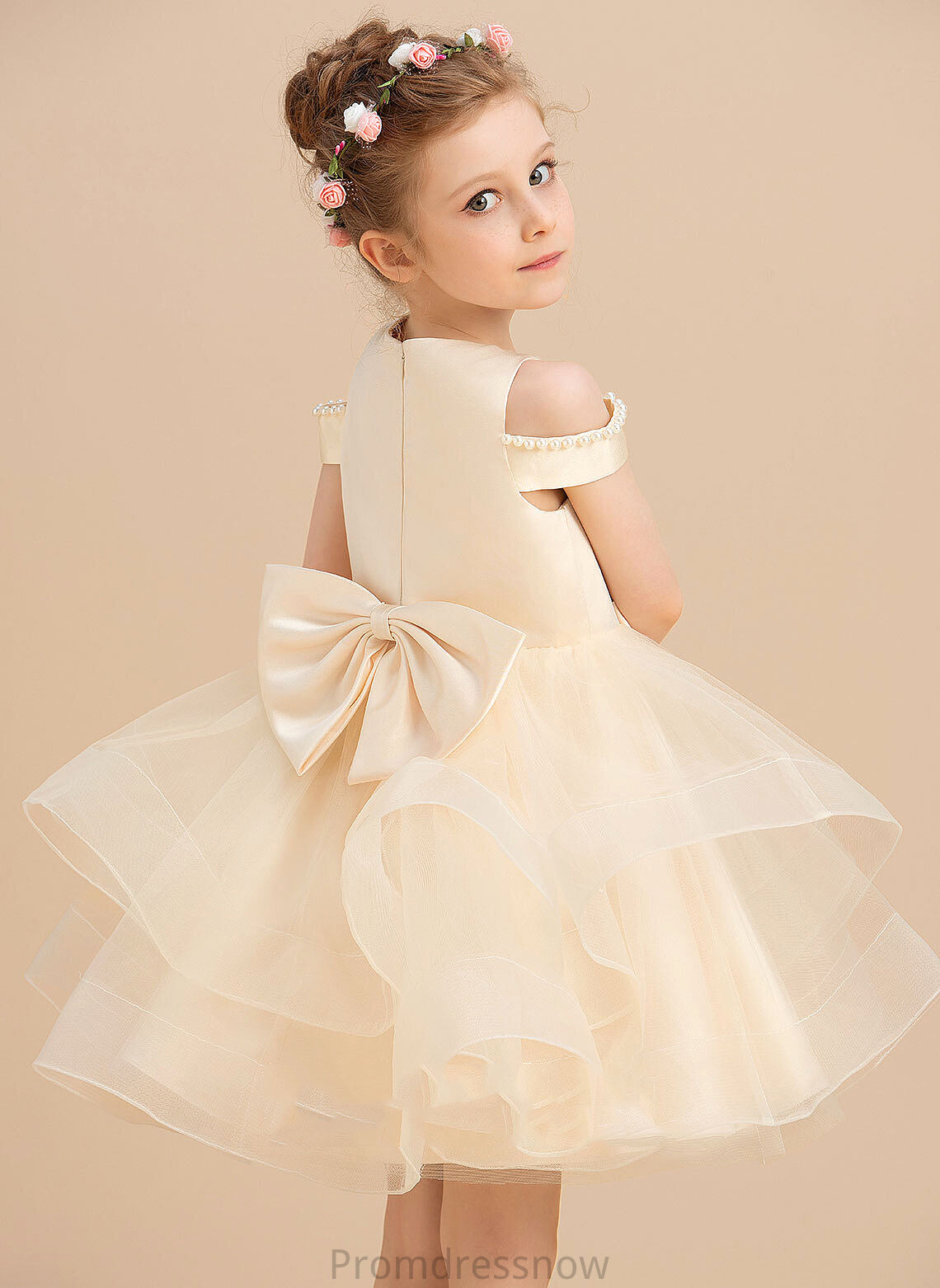 Ball-Gown/Princess Girl - Scoop Neck Dress Sleeveless Beading/Bow(s) Flower Girl Dresses Satin/Tulle Flower Knee-length Trinity With