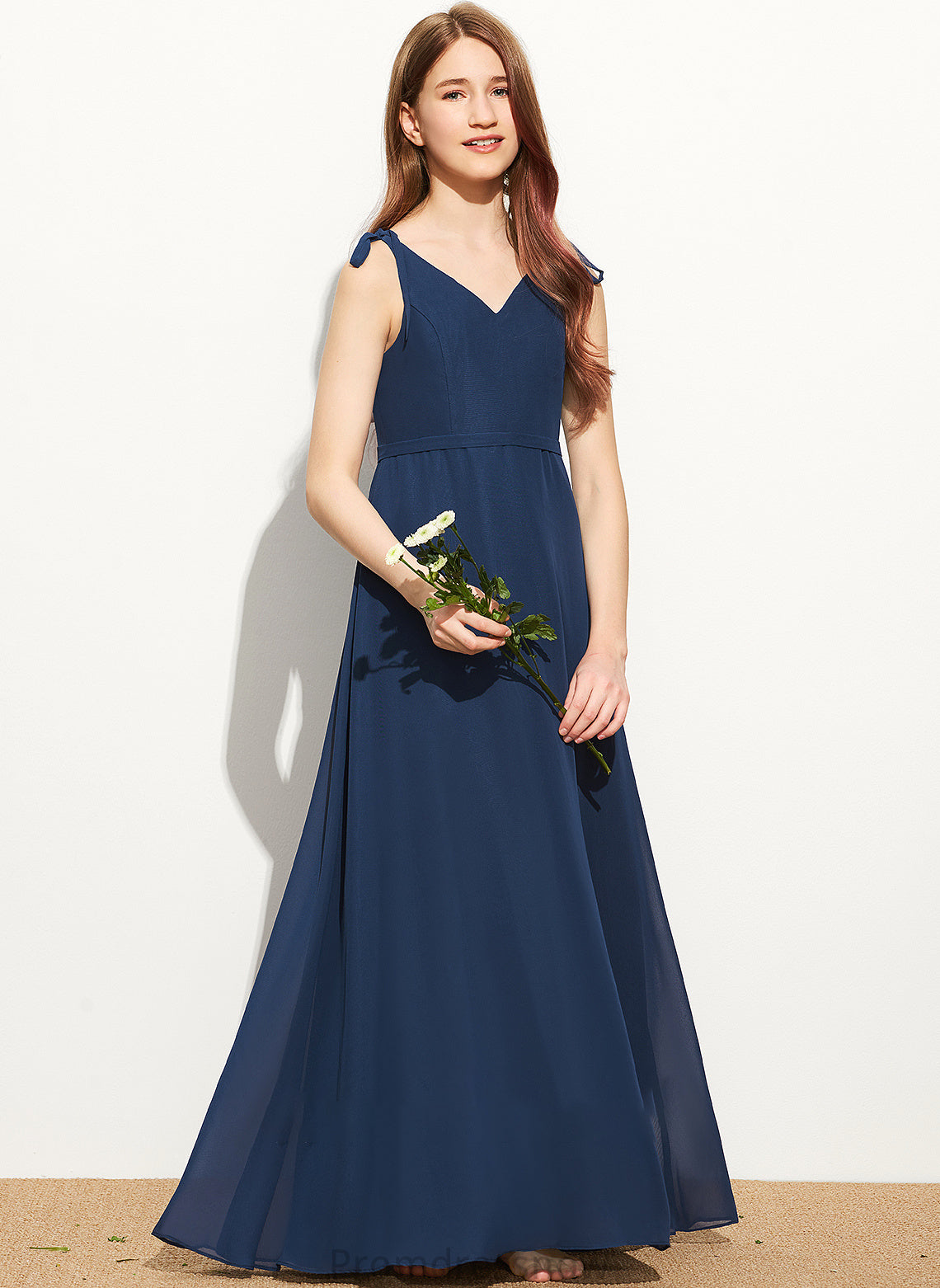 With Bow(s) Floor-Length V-neck Chiffon Scarlet A-Line Junior Bridesmaid Dresses