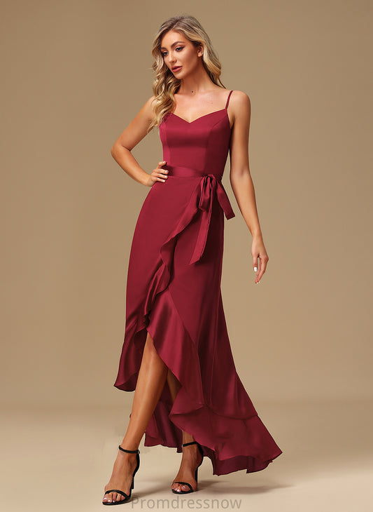 Fabric Neckline A-Line Asymmetrical Silhouette V-neck Embellishment SplitFront Length Samara Spaghetti Staps Floor Length Bridesmaid Dresses