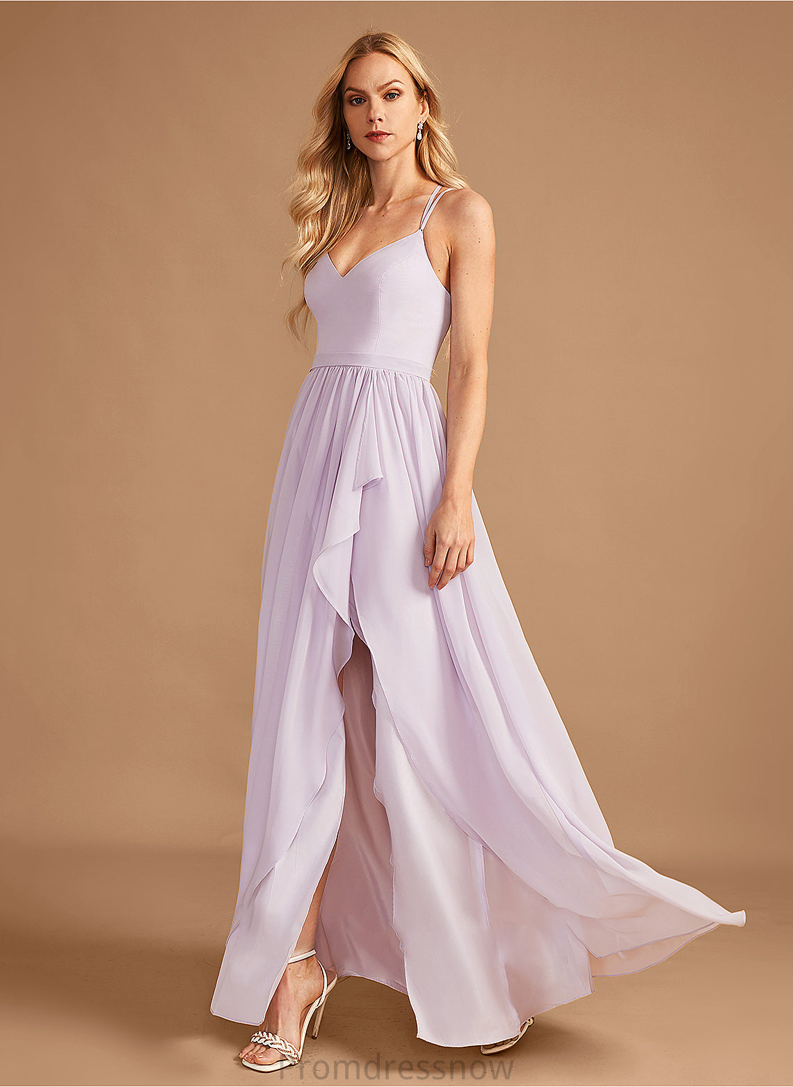 Fabric A-Line V-neck Length Ruffle Asymmetrical Embellishment SplitFront Neckline Silhouette Zoey Floor Length Bridesmaid Dresses