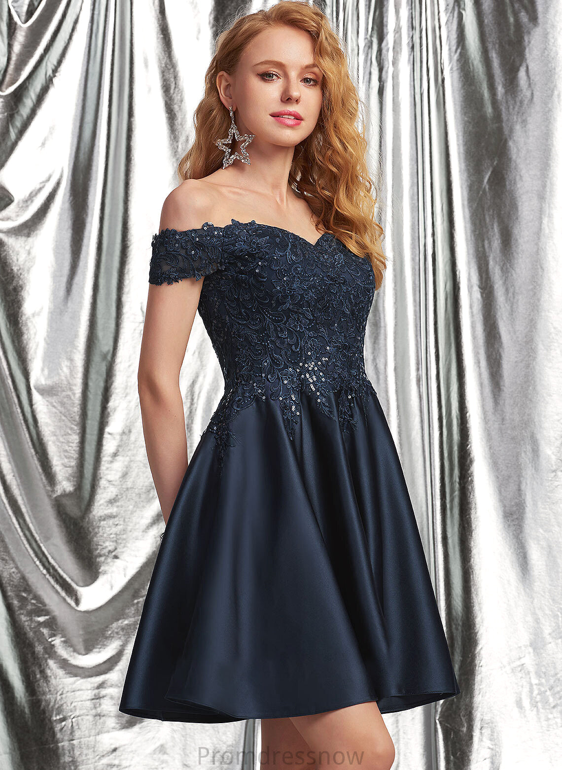 With A-Line Satin Short/Mini Off-the-Shoulder Prom Dresses Sequins Lace Hedda