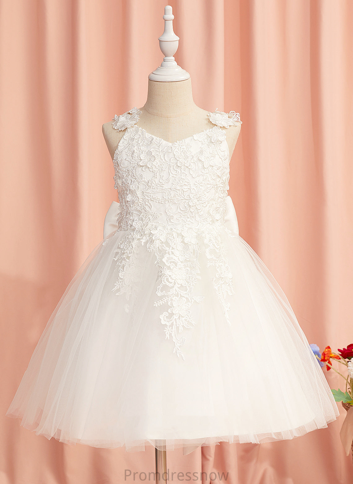 Girl Tulle With Knee-length Flower Dress Flower Girl Dresses Lace/Flower(s)/Bow(s) A-Line Sleeveless - Straps Sophronia