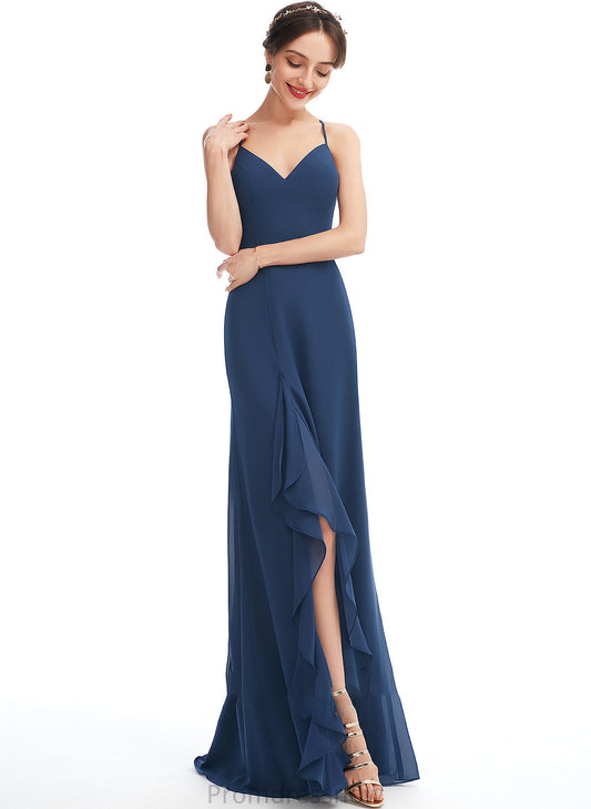 Floor-Length Neckline Embellishment Length SplitFront Silhouette Ruffle V-neck Fabric A-Line Martina Sleeveless Bridesmaid Dresses