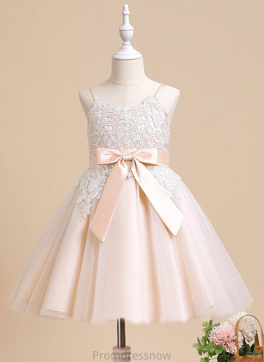 Sleeveless Dress - Knee-length Bow(s) Amelia Girl Scalloped Flower Girl Dresses A-Line With Flower Neck Tulle