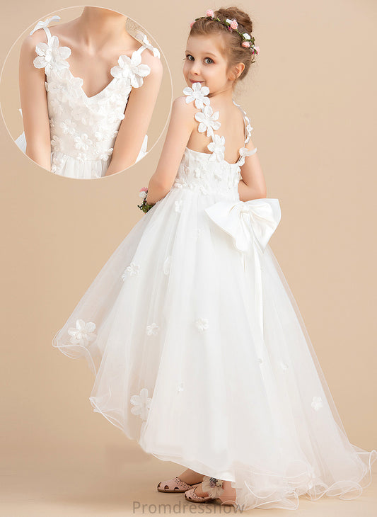 Girl Flower Dress Sleeveless Beading/Flower(s)/Bow(s) V-neck Tulle Asymmetrical Aisha With Flower Girl Dresses - Ball-Gown/Princess