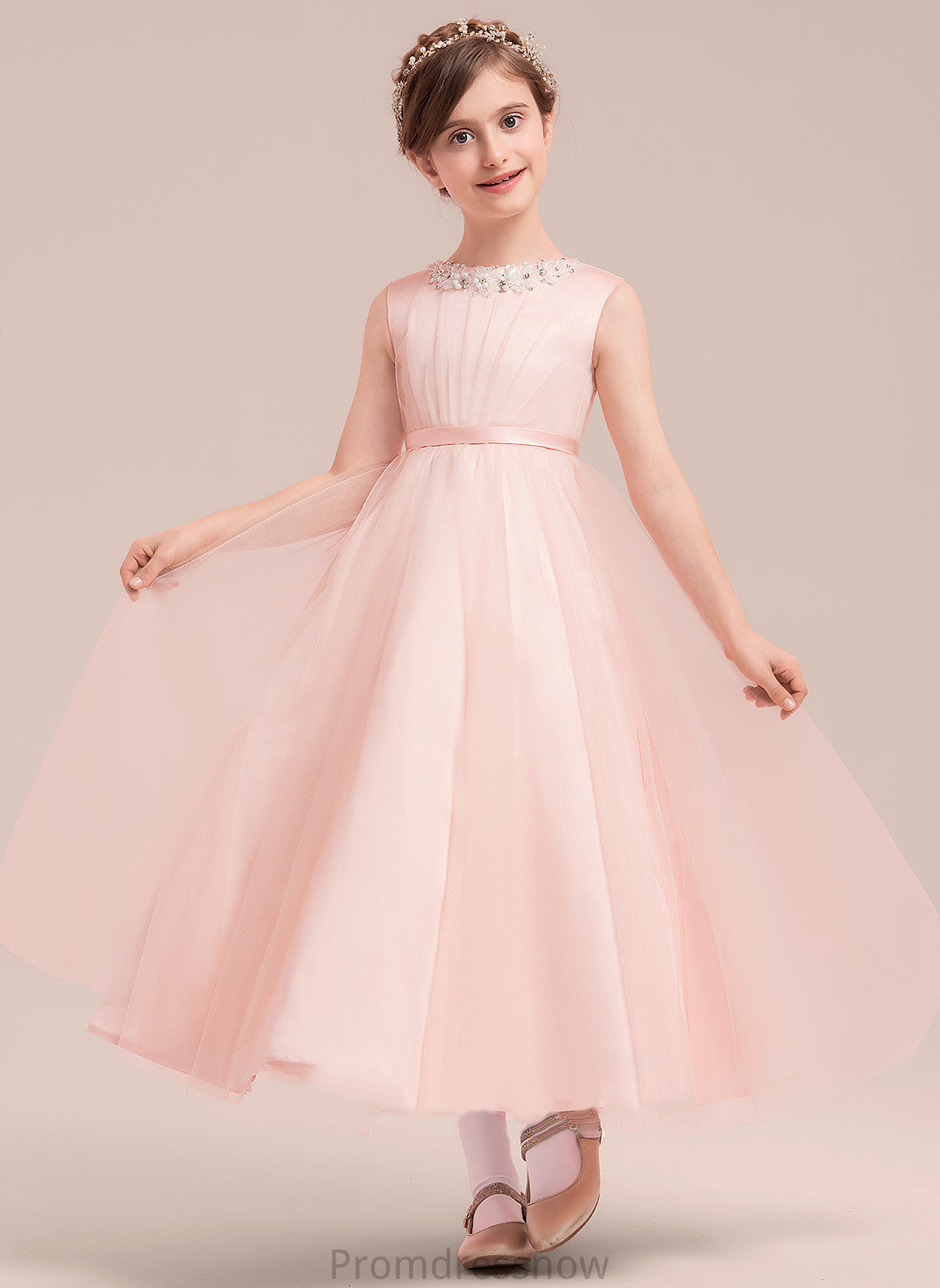 With Salome Girl Scoop Flower Girl Dresses A-Line/Princess Dress Beading/Bow(s) Sleeveless Satin/Tulle Flower - Neck Ankle-length