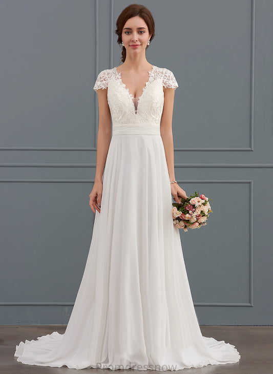 With A-Line Train Sweep Wedding Lace V-neck Aniyah Ruffle Dress Wedding Dresses Chiffon