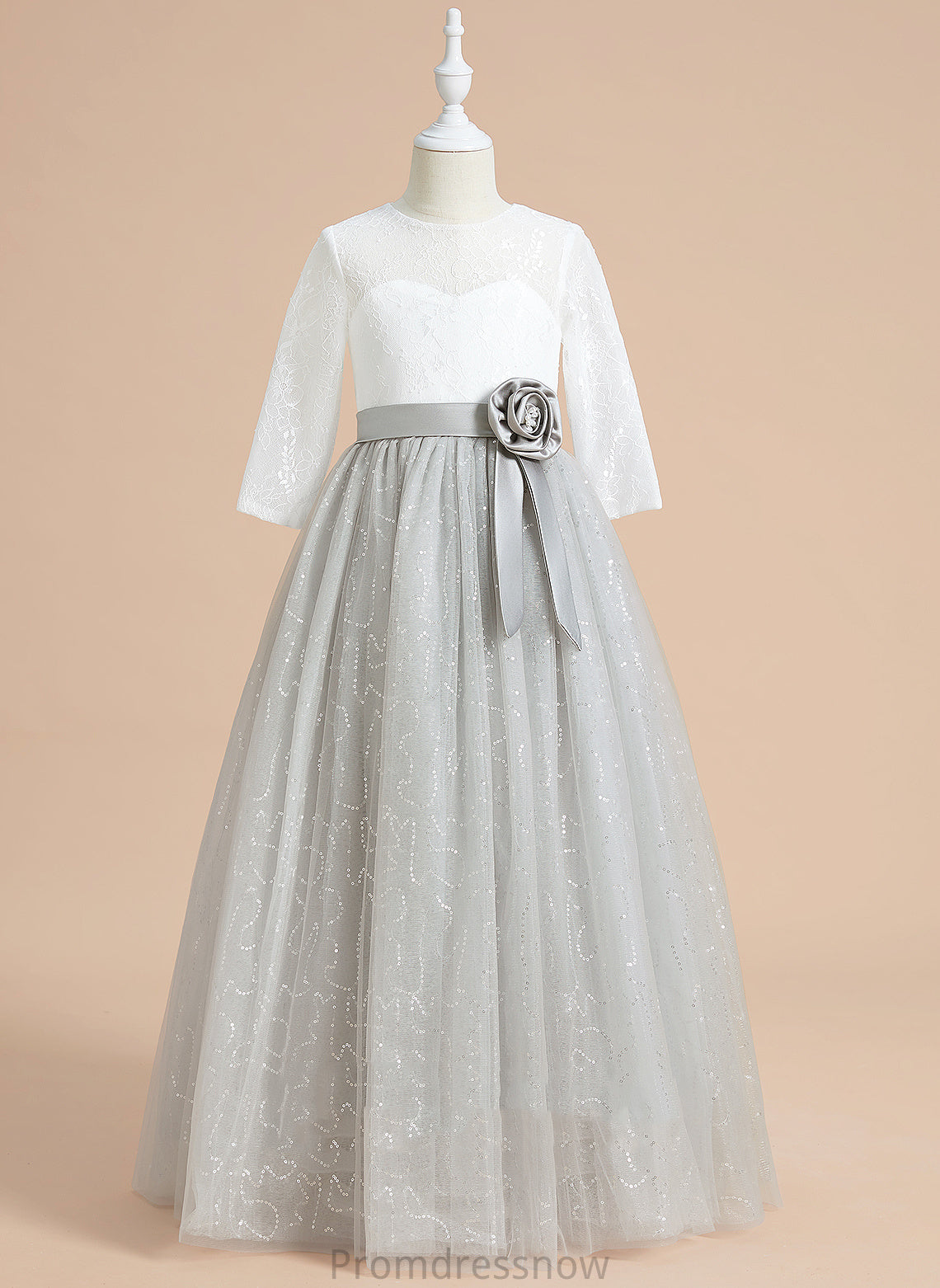 Flower Nathalie Ball-Gown/Princess With Flower Girl Dresses Sleeves Scoop Girl Neck 1/2 Tulle/Lace Flower(s)/Sequins Floor-length - Dress