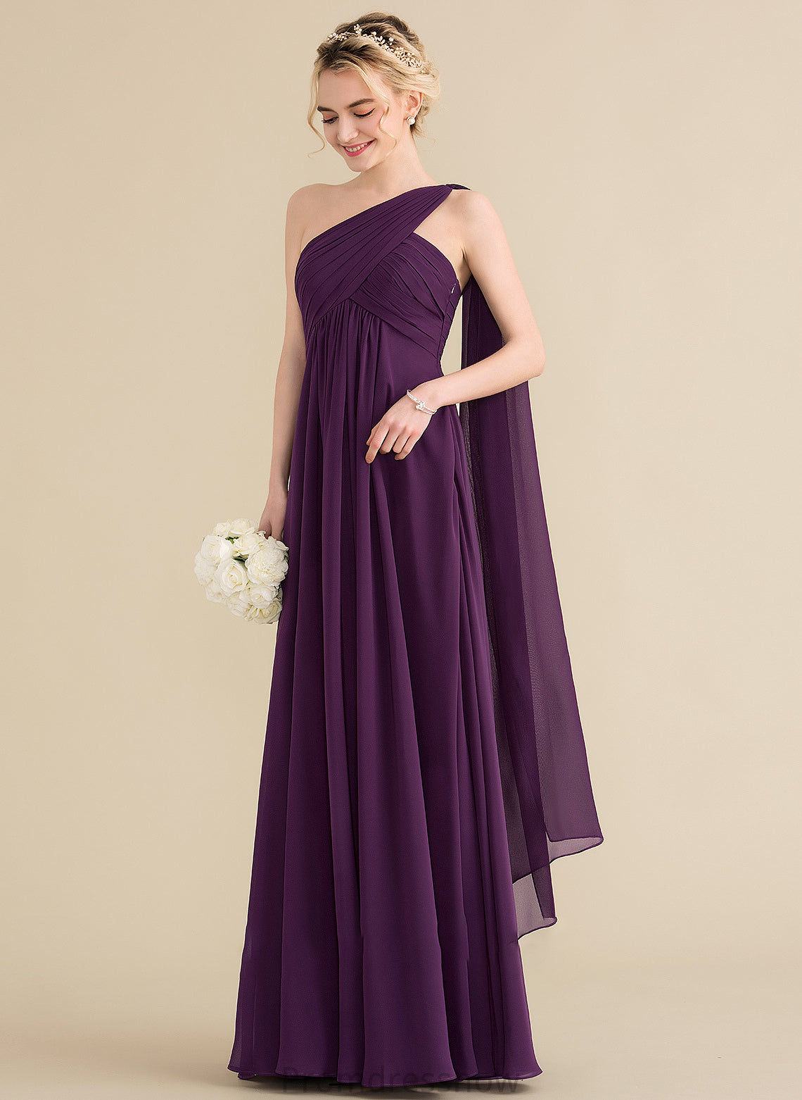 Silhouette Floor-Length Fabric One-Shoulder Length A-Line Neckline Ruffle Embellishment Alena Sleeveless Spaghetti Staps Bridesmaid Dresses