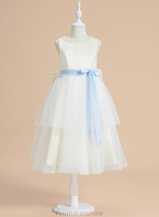 A-Line Sash/Beading/Bow(s) With Flower Girl Dresses Girl Sleeveless Audrey - Flower Satin/Tulle Dress Scoop Neck Tea-length