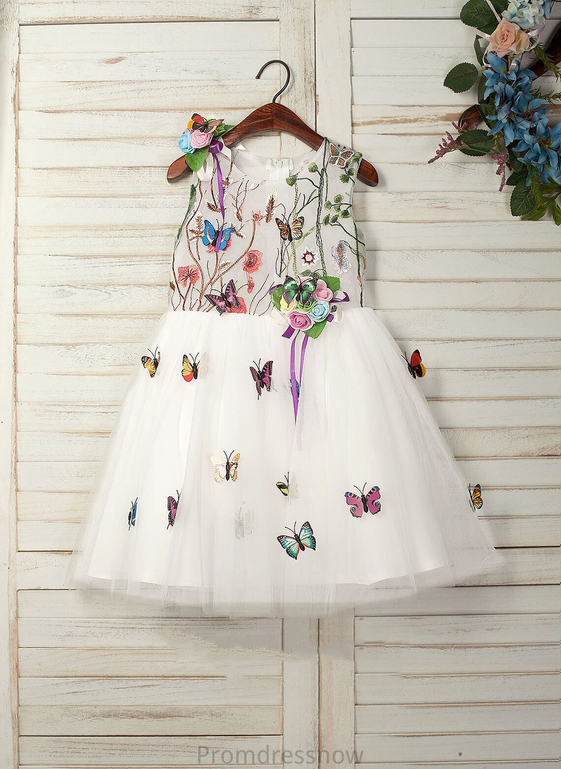 Flower Girl Tulle/Lace Dress Knee-length Scoop - Sleeveless Neck With Flower(s) A-Line Mikaela Flower Girl Dresses