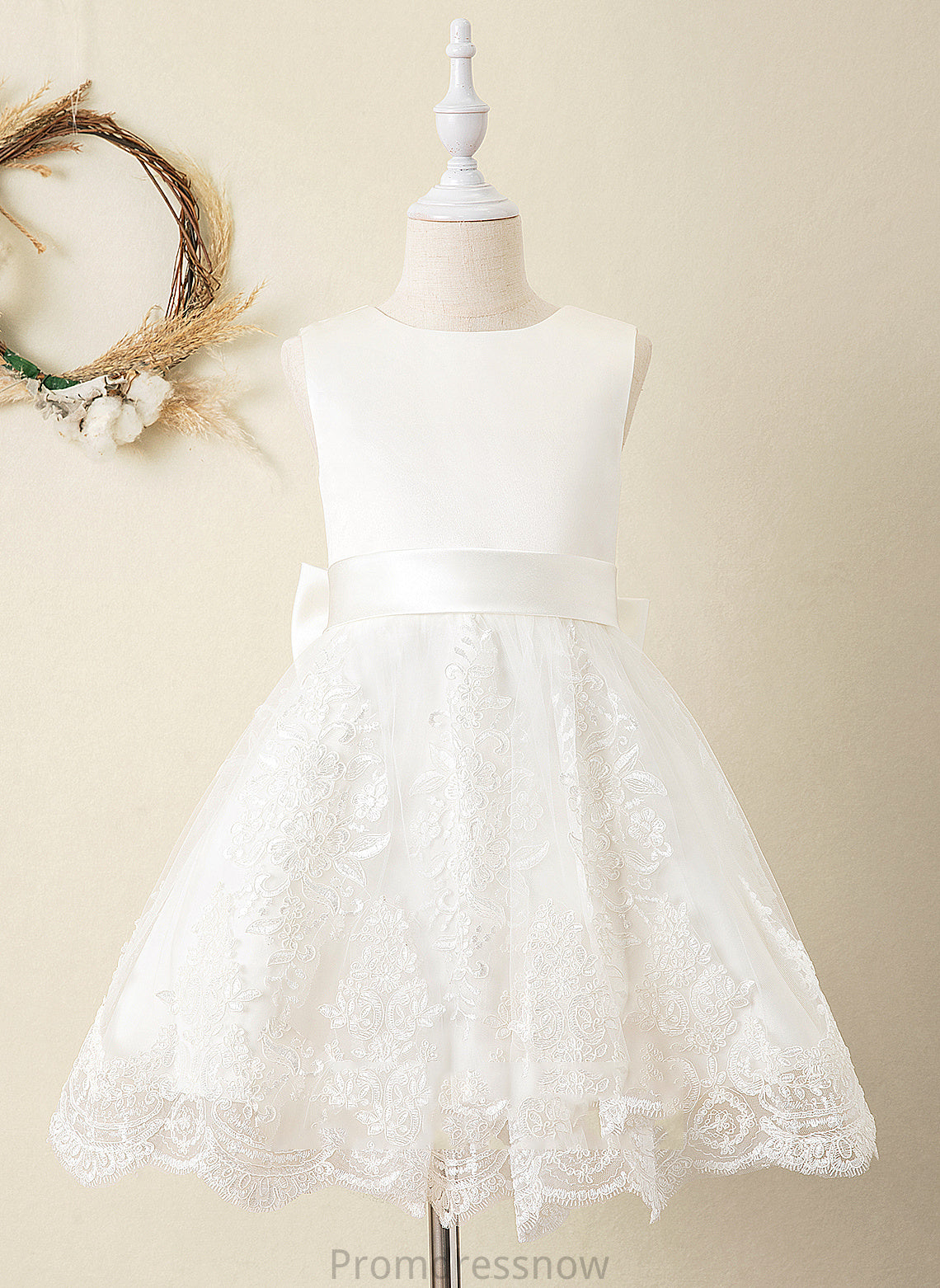 Dress Flower Knee-length Neck With Sleeveless Prudence Bow(s) sash) - Scoop (Undetachable Flower Girl Dresses Ball-Gown/Princess Satin/Lace Girl