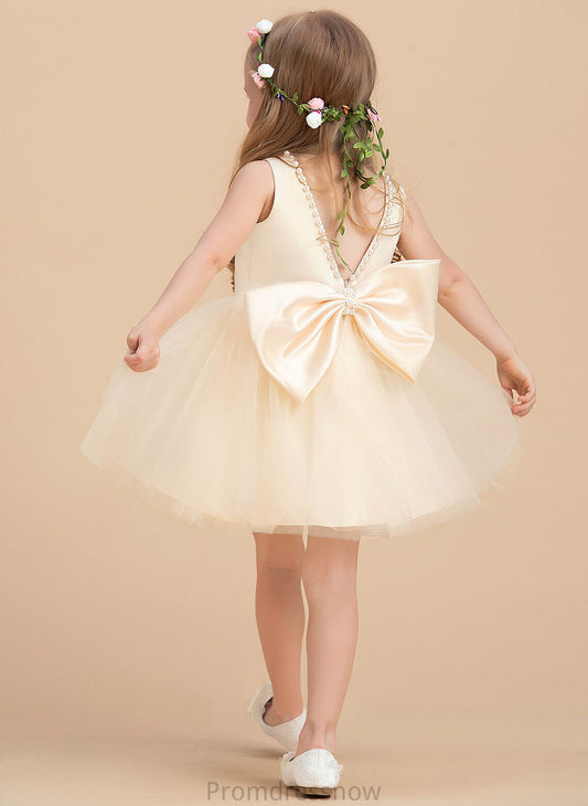 Flower Girl Dresses Knee-length - Scoop Beading Satin/Tulle Kaiya Dress Sleeveless Neck Flower A-Line With Girl