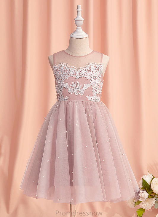 Flower Girl Dresses - Sleeveless Neck With Knee-length Dress Lace/Beading Breanna Tulle Flower Girl A-Line Scoop