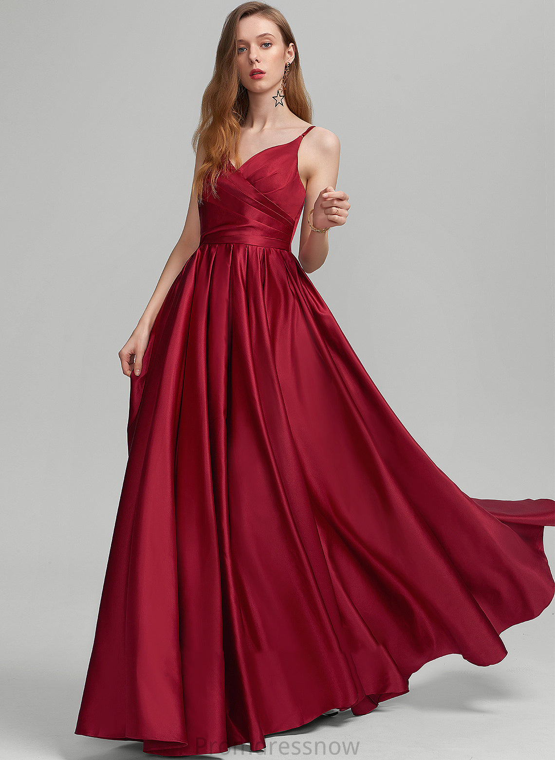 With V-neck Blanche Satin Prom Dresses A-Line Pockets Floor-Length Ruffle