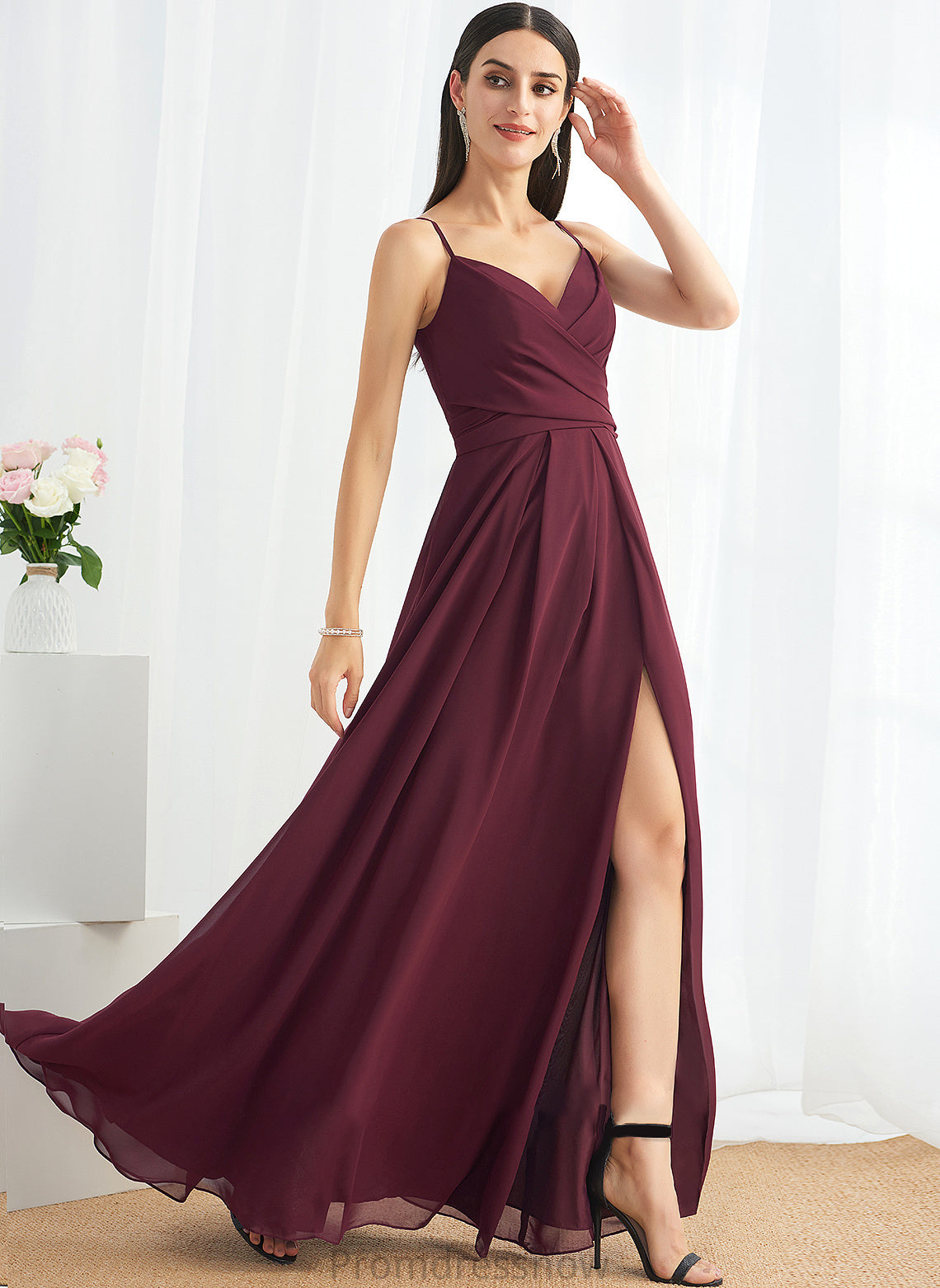 A-Line Embellishment SplitFront Fabric Floor-Length Silhouette V-neck Ruffle Length Neckline Talia V-Neck Bridesmaid Dresses