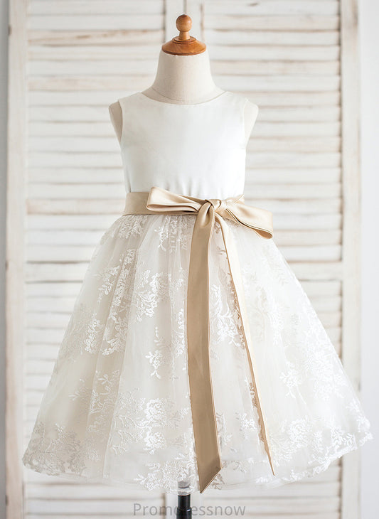 Knee-length Sash With - Girl Sleeveless Dress Flower Girl Dresses A-Line/Princess Scoop Flower Neck Mildred Satin/Lace